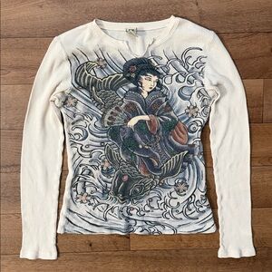 Vintage Lucky Brand Size Medium Geisha Girl Asian Thermal Henley Long Sleeve Y2K